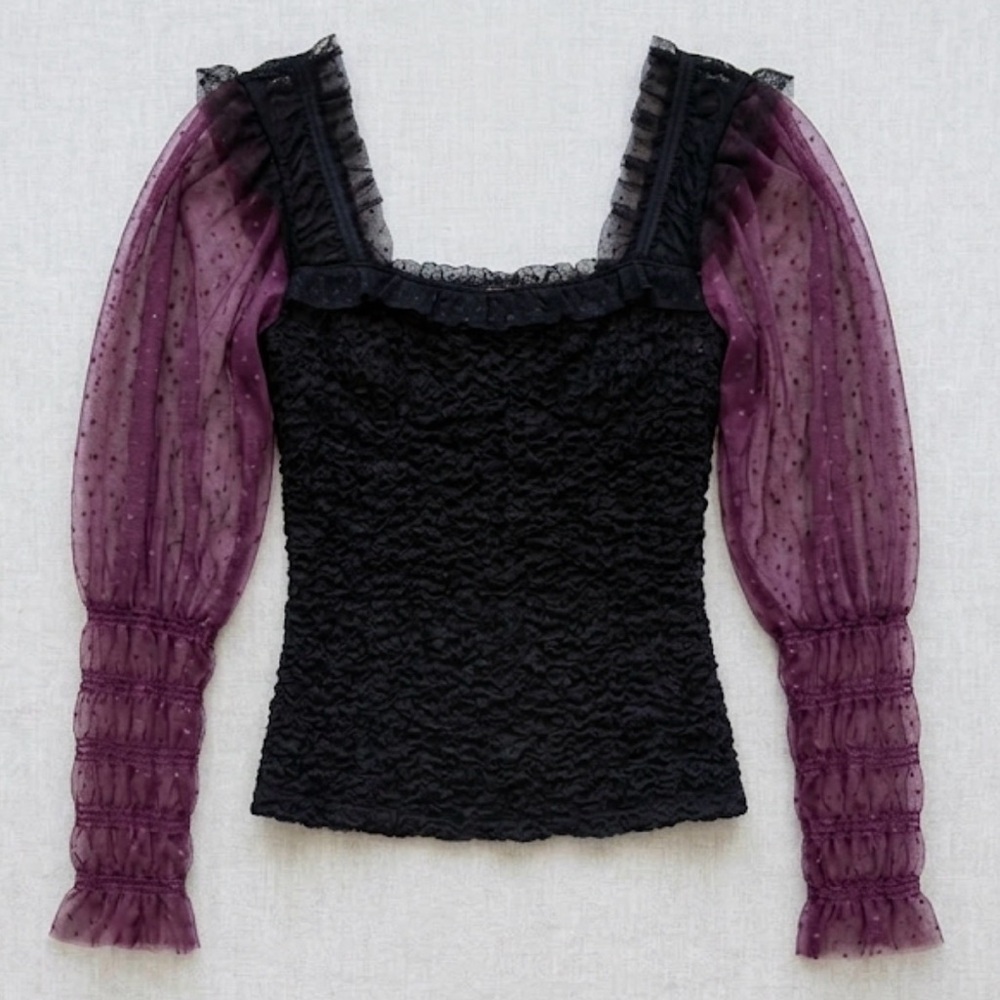 Free People Black Smocked Sheer Dot Puff Sleeve‎ Balletcore Fairy Top
